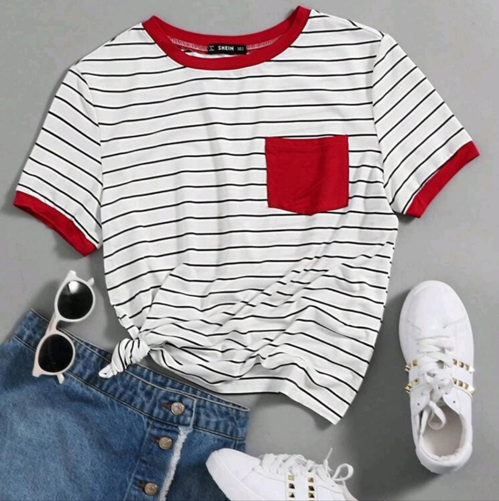 Striped T-Shirt with Red Accents